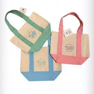 Trader Joe’s Canvas Tote Bag Set - Green, Pink, Blue. Set 3 pieces. New .